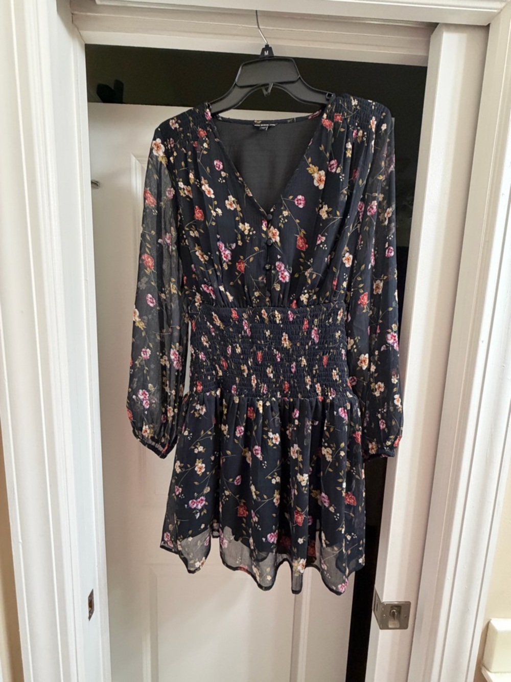 Guess Black  Floral Smocked Waist V-Neck Mini Dress goes to knee